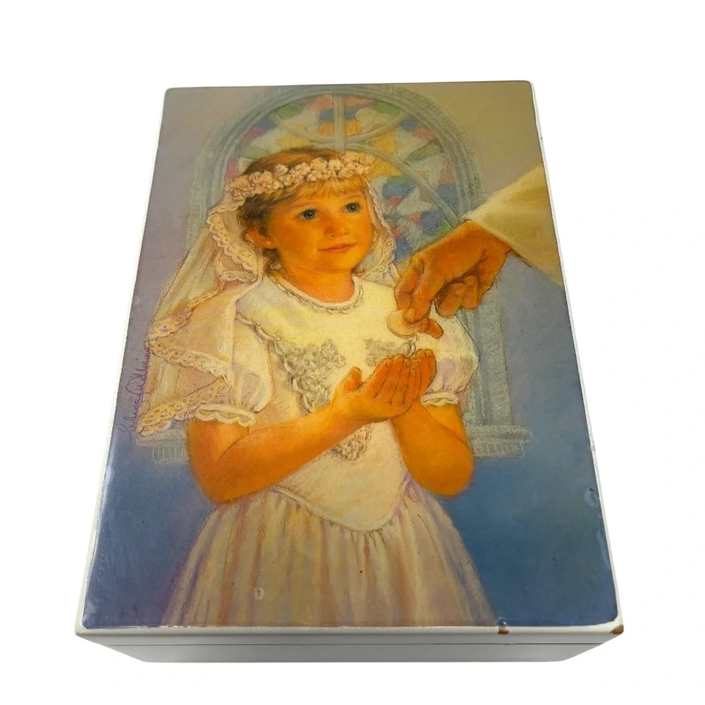 Vintage “My First Holy Communion” Wooden Musical Jewelry Box Religious Gift